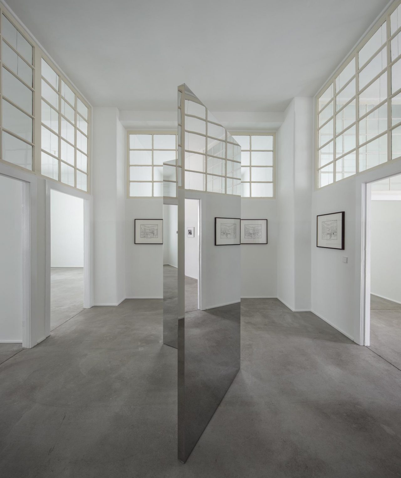 Forerground: Jeppe Hein, Mirror Angle (2005) Background: Rodney Graham, Posters for Interiors, The Berlin Studies of Jacob and Wilhelm Grimm, Drawings Brüder Grimm-Museum, Kassel (1993)