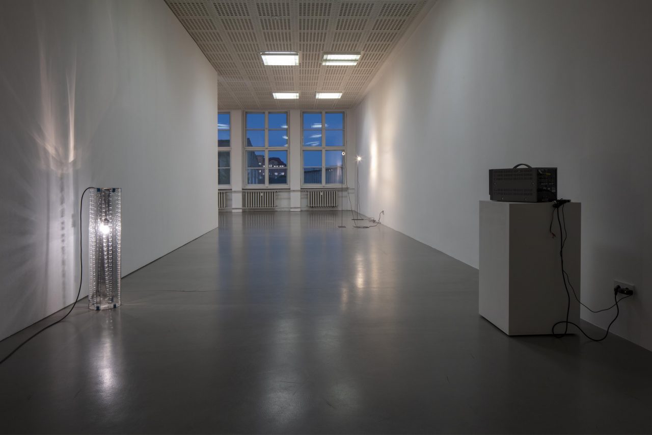 Links: Heimo Zobernig: Ohne Titel (Lichtobjekt) (2010), Rechts: Jonathan Monk: A Ten Year Project: #8 The Documentation of a Life and of a Death (2011–2012), Hintergrund: Carol Bove: Ohne Titel (Lampe) (2010)